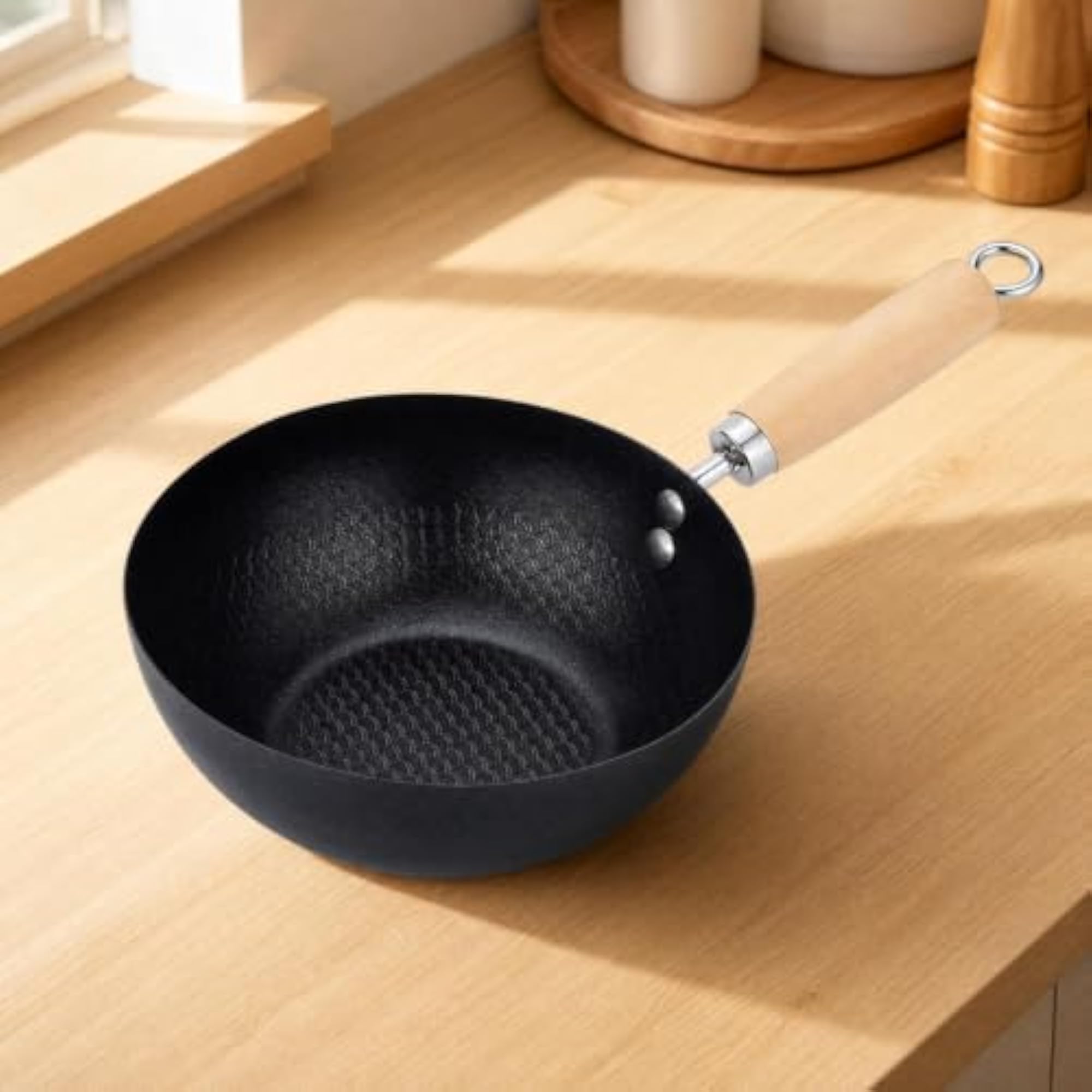 Black Iron Wok with Wooden Handle, Induction Compatible Honeycomb Wok