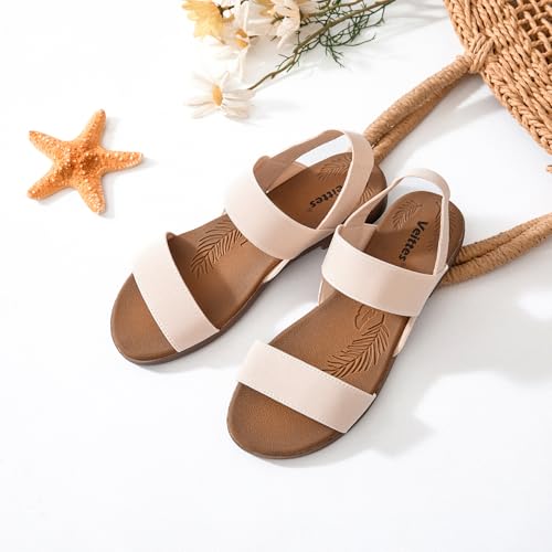 Image of Veittes Women's Double Bands Elastic Strap Slide Flat Sandals