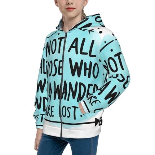 BERMEIZ Not All Who Wander Are Lost1 Print Kid Hoodies Boys Youth Zip Up Sweatshirts Girls Pullover with Pocket Black
