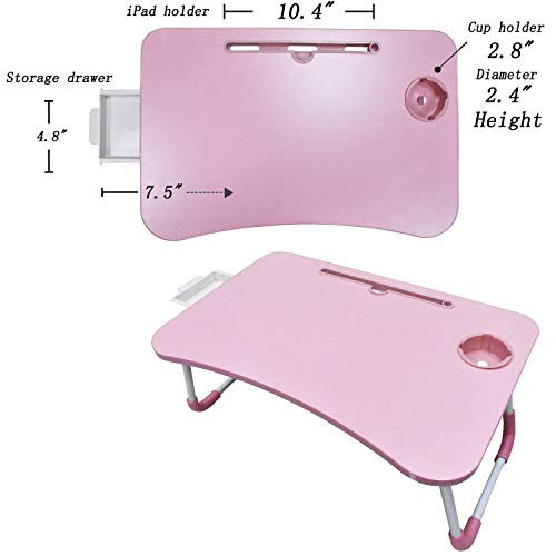 Laptop Lap Desk, Foldable Laptop Table, Laptop Stand for Bed, Dinner Coffee Breakfast Tray Table with Cup Holder Drawer Storage Folding Legs, Standing Desk for Laptop Writing Bed Sofa Couch (Pink) - Thumbnail 5