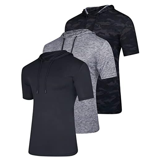 3 Pack: Mens Dry Fit Moisture Wicking Short Sleeve Active Athletic Hoodie Pullover Sweatshirt Workout Running Fitness Gym Sports Casual Tee Outdoor Summer Hiking Beach Outfit- Set 5 , M