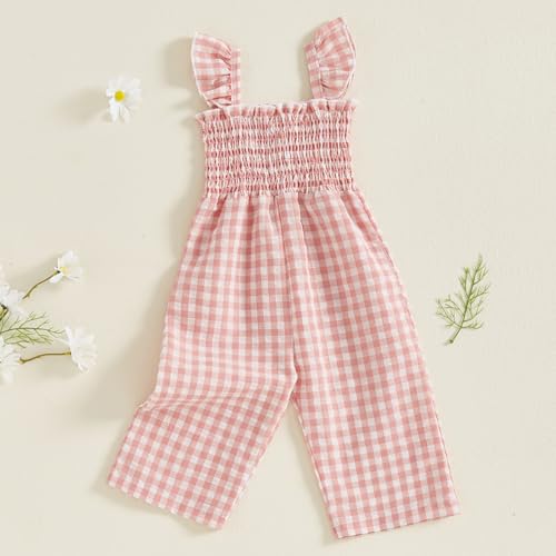 Toddler Baby Girl Summer Clothes Ruffle Sleeveless Smocked Romper One Piece Jumpsuit Suspender Pants Cute Outfit (Pink Plaid, 2-3T)