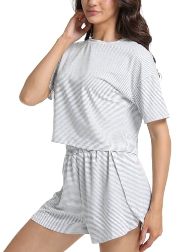Image of Split Short Pajama Set Soft Women's Striped Pajama Sleeve Tee & Elastic Waist Shorts Lounge Sleepwear Gray