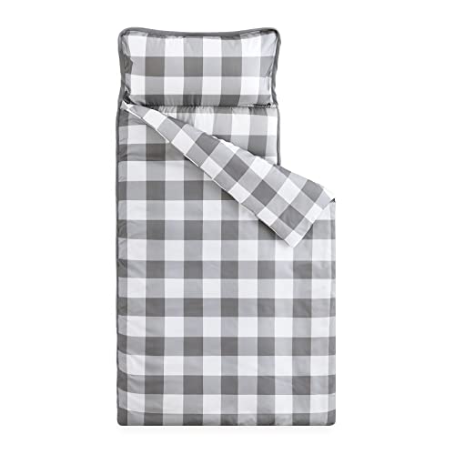 Image of Wake In Cloud - Toddler Nap Mat with Pillow and Blanket, for Kids Boys Girls Ages 3 Plus in Kindergarten Daycare Preschool, Roll Up Sleeping Bag, Gingham Plaid Grid