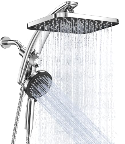 Image of Veken 12 inch Rain Shower Head with Handheld,High Pressure Power Wash,Magnetic | Dual Shower Heads Combo,8-Mode Hand Held Spray,Wand,Double Detachable Rainfall Showerhead with Arm,Bathroom Set,Chrome,Silver