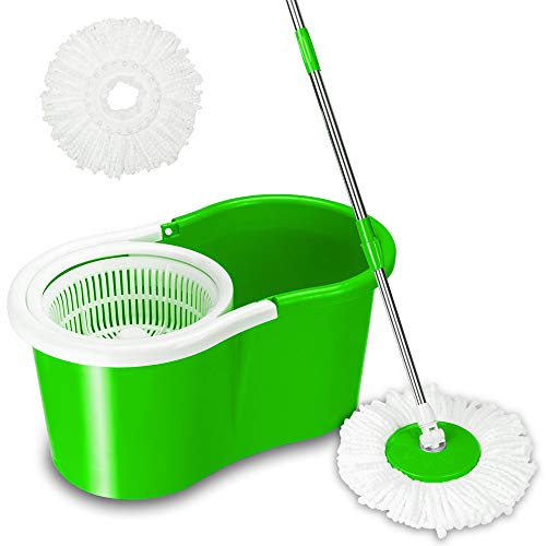 Valuebox 360°Spin Mop Bucket System Extended Length Handle&2 Microfiber Mop Heads, EasyWring Spin Mop Bucket System, Magic Spinning Mop Floor Cleaning System for Home Kitchen(Green)