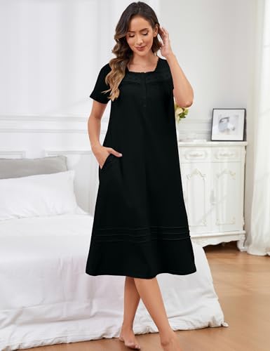 100% Cotton Nightgowns for Women Soft Button Pleated House Dress Long Moomoo Nightgown with Pockets2