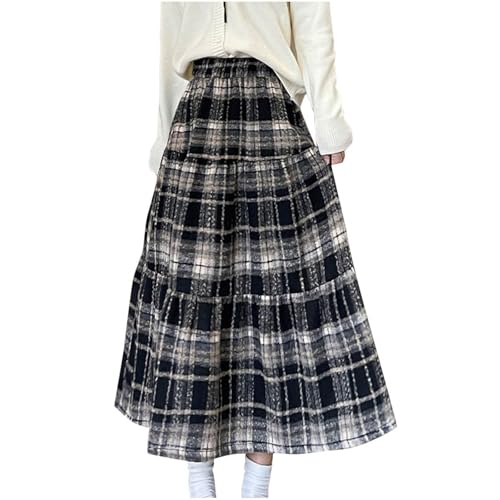 Women's Winter Warm Wool Skirts Plaid High Waist A-Line Drape Pleated Tiered Casual Maxi Skirts with Pockets