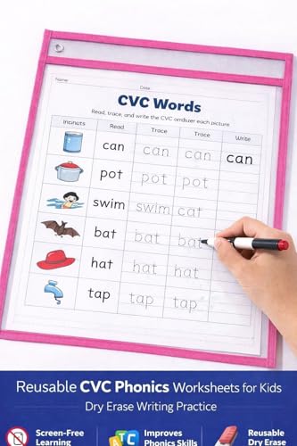 NewEraHit Reusable CVC Phonics Worksheets for Kids - Dry Erase Writing Practice Sheets -Transparent Sheet- Multiple Times Reuse Worksheet