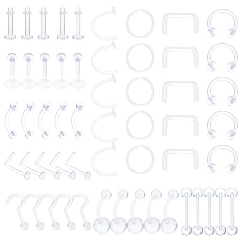 Yolev 55 Stück Klare Acryl Piercing Retainers für Nase Zunge Brustwarze Nippel Bauch Lippen Labret Septum Hoops Ohr Knorpel, Plastik Piercing Platzhalter Schmuck für OP