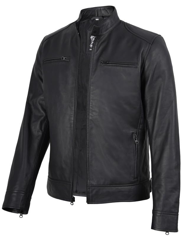 Image of Blingsoul Leather Jacket Men - Real Lambskin Cafe Racer Motorcycle Style Jacket for Mens