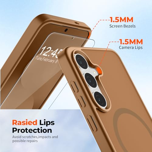 Image of SUPFINE Magnetic for Samsung Galaxy S25 FE Case with Screen Protector, (Built-in Magnets) (Military Grade Drop Protection) Slim Translucent Shockproof Phone Case,Brown