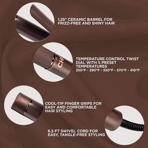 CHI Ceramic Curling Iron & 44 Iron Guard (2 Oz), Creates Smooth, Long-Lasting, Frizz-Free Curls & Waves, 90-Second Heat Up, 1.25\", Chocolate Kit