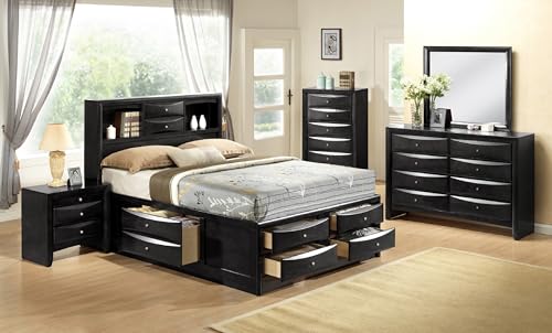 6pc Master Bedroom Set Black Finish Solid Wood Platform King Size Captain's Bed Wooden Furniture