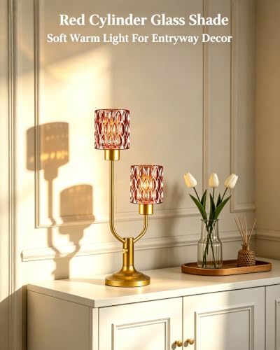 Image of Lightdot Mid Century Modern Table LampVintage Lamp Red Glass Gift Dimmable | Nightstand Lamp Gold Desk Lamp 2 Bulbs Included Warmwhite Ambient Bedside Lamps for Living Room Bedroom Girls Room Home Decor