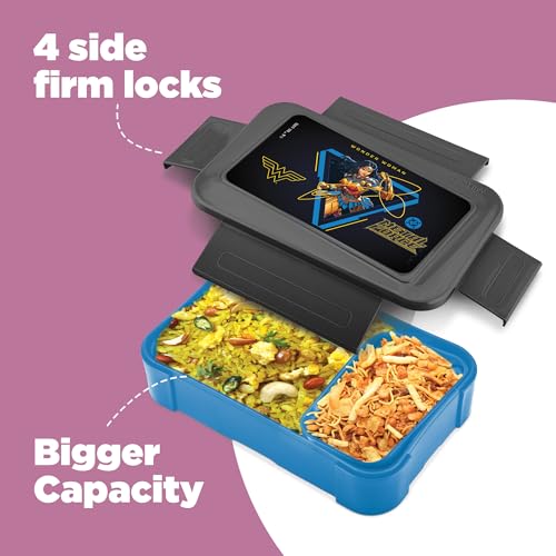 Image of Milton Berry Tiffin Lunch Box for Kids Boys & Girls with Leak-Proof Inner Container| Food Grade,BPA Free,Compact & Durable Snacks Box for kids I Plastic Spoon & Fork, 850 ml, Wonder Woman print, Black