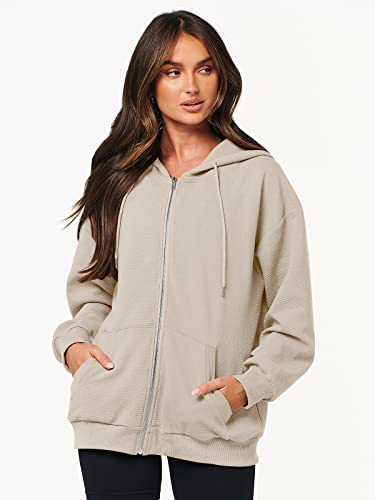 Anrabess Women's Hoodies 2023 Fall Jacket Rib Kint Sweater Long Sleeve Sweatshirts Casual Dressy Tops Zip Up Trendy Y2K Clothes For Teen Girl 931Mihuang-L Beige #TOP2
