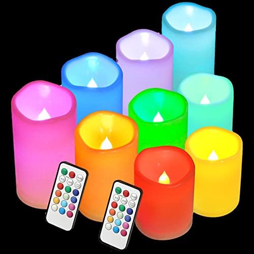 Enido 9 Pack Color Changing Flameless Candless Outdoor Candles with Timer Waterproof, Battery Operated Candles LED Candles with Remote Control (D3 x H4 5" 6")