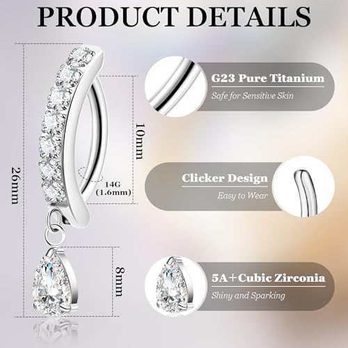 SOMEITIA 14G G23 Pure Titanium Clicker Belly Button Ring for Women Teardrop Navel Ring Curved Reverse Belly Ring CZ Belly Navel Piercing Jewelry Silver by SOMEITIA - Used condition - Image 3