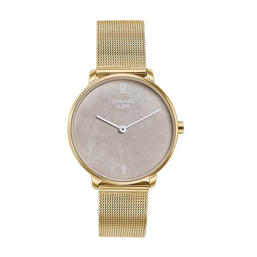 Image of Sonata Sleek Light Yellow Dial Stainless Steel Strap Analog Watch for Women-8191YM01