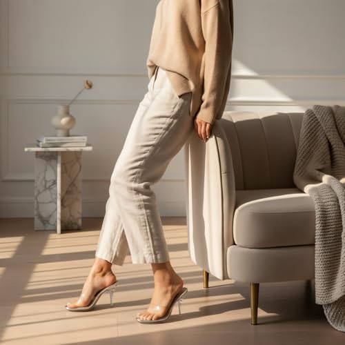 Image of LIURUIJIA Clear Heels For Women Sexy Slip On Open Toe High Heeled Dressy Sandals Comfortable Strappy Mules