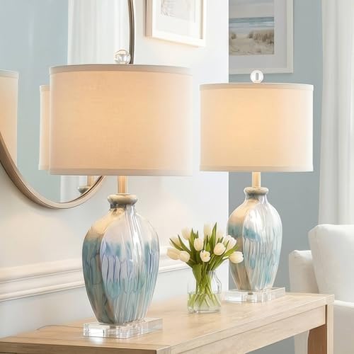 Possini Euro Design Mia Coastal Modern Style Table Lamps 25" High Set of 2 Ceramic Blue Drip Off White Shade Decor for Living Room Bedroom Beach House Bedside Nightstand (Colors May Vary) - Image 2