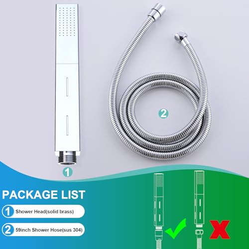 Hand Held Shower Wand with Hose, 2 Function (Rain+Power Jet) All Metal Heavy-duty Brass Handheld Shower Head with 59" Stainless Steel Hose Set, Chrome — view 2