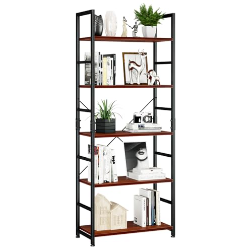 Image of NUMENN Engineered Wood, Alloy Steel 5 Tier Bookshelf, Tall Bookcase Shelf Storage Organizer, Modern Book Shelf for Bedroom, Living Room and Home Office, Vintage, Black Brown (5 Layer)