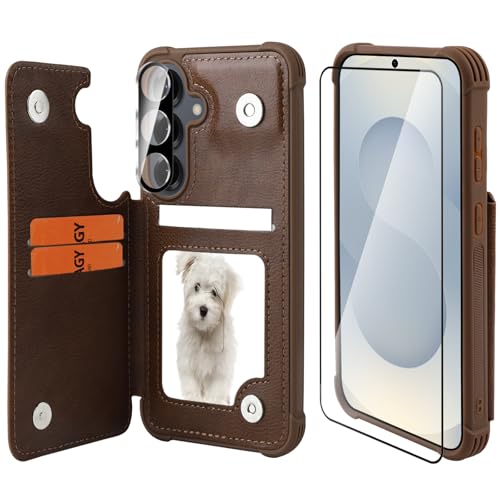Étui portefeuille Galaxy S25 Plus en cuir haut de gamme marron à rabat magnétique