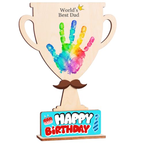 Best Dad Trophy Hands Down Sign 9 DIY Birthday Gifts from Kids Daughter Son Wife Handprint Wooden Frame with Personalized Family Name Dads Gifts for New Dad Husband Stepdad Grandpa