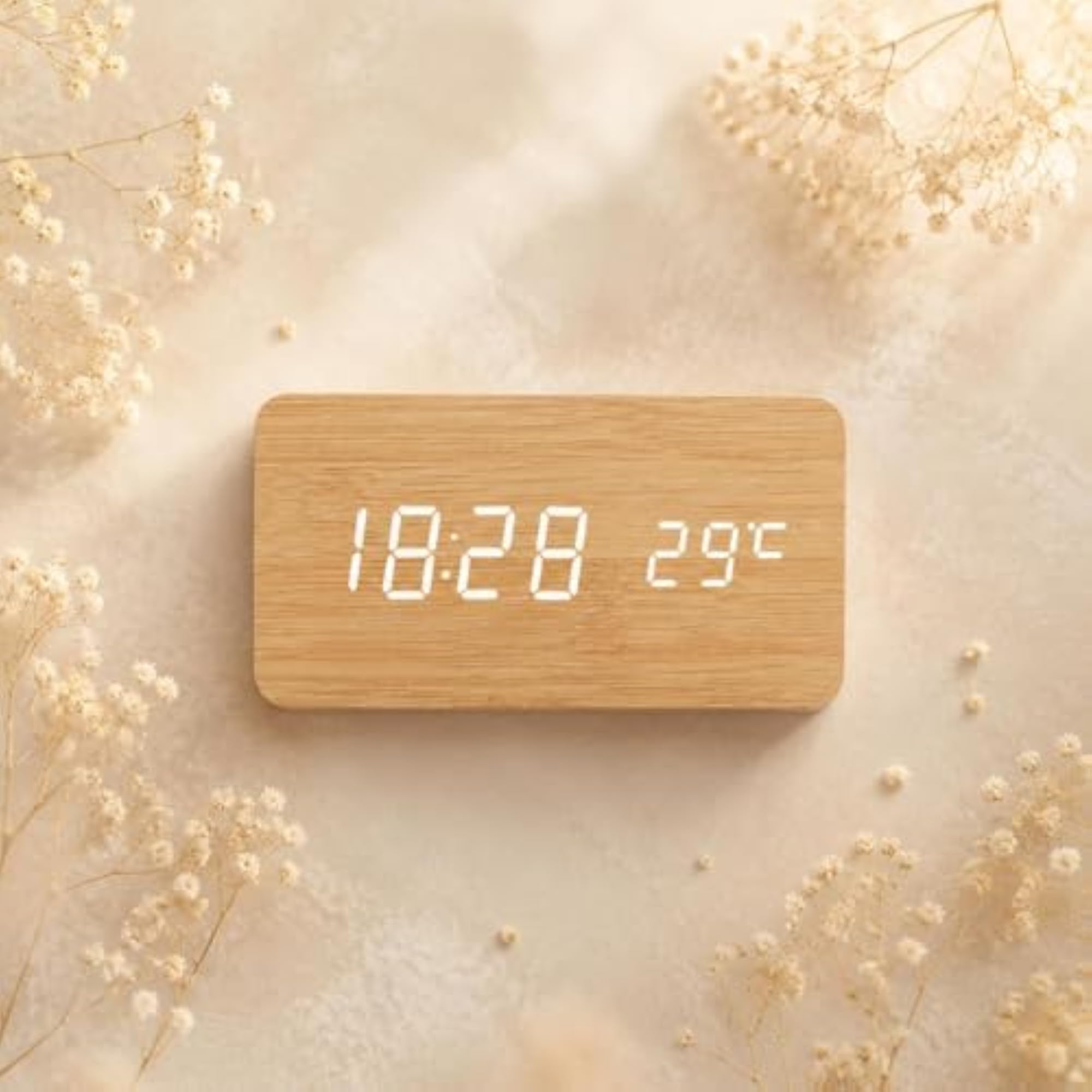 Multifunction Wooden Digital Alarm Timepiece, Bamboo Finish