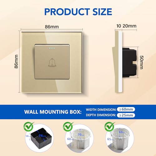 BSEED Türklingel Druckschalter Kristallglas Panel Wandschalter 10A 250V Türklingel Gold