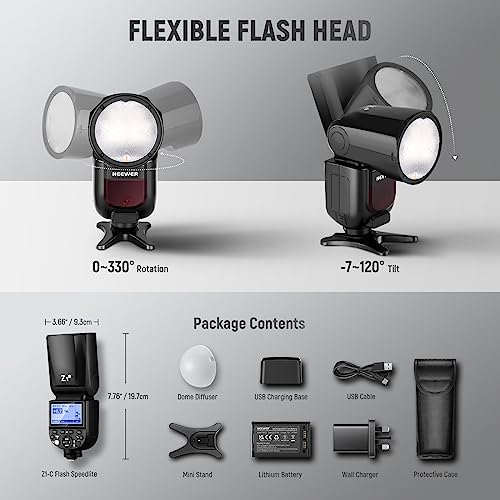 NEEWER Z1-C TTL Round Head Flash Speedlite for Canon with Magnetic Dome Diffuser, 76Ws 2.4G 1/8000s HSS Speedlight, 10 Levels LED Modeling Lamp, 2600mAh Battery, 480 Full Power Shots, 1.5s Recycling