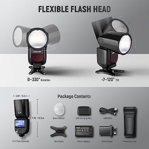 NEEWER Z1-C TTL Round Head Flash Speedlite for Canon with Magnetic Dome Diffuser, 76Ws 2.4G 1/8000s HSS Speedlight, 10 Levels LED Modeling Lamp, 2600mAh Battery, 480 Full Power Shots, 1.5s Recycling - Image 9