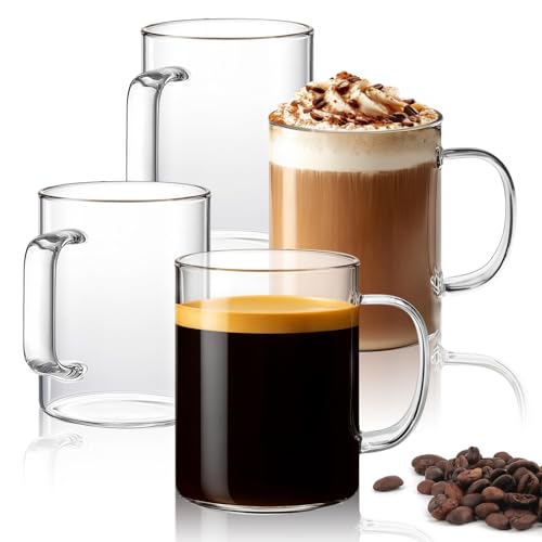 ComSaf 400ml Glass Coffee Mugs Set of 4, Clear Glass Coffee Cup with Big Handle, Large Borosilicate Glass Mug for Tea Milk or Hot Cold Beverages, Crystal Drinking Glass for Birthday