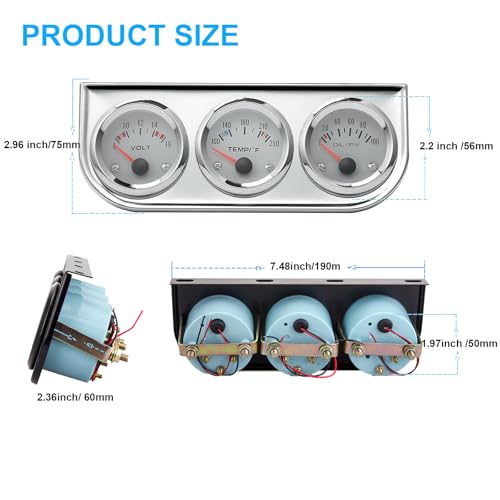 2\" Triple Gauge Set (Volt Meter+Water Temperature+Oil Pressure Meter), Automotive Gauge Set, Stainless Steel 3 in 1 Gauge Kit for 12V Cars Ships Boats Truck Motorcycle Marine Automotive (Sliver)