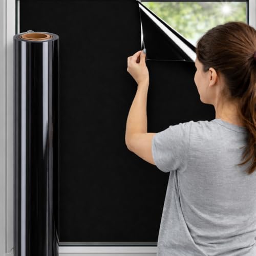 Window Privacy Sheet | 100% Light Blocking | Heat Control & UV Protection | Static Cling No Glue Window Cover | Black Opaque Privacy Decal - Sticker || (16 X 200 | INCH)
