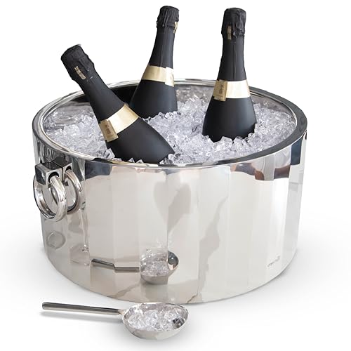 Objet D'Art - Cubo de hielo aislado para fiestas, cubo de hielo grande con cuchara, soporte para hielo para fiestas, cubo de hielo de metal de acero inoxidable, doble pared, Sevilla, 16 x 7.5 pulgadas
