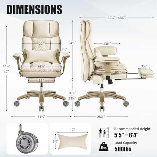Image of Leather Office Chair with Footrest, High-Back Executive Office Chair with Adjustable Lumbar Support, Luxury Desk Chair with Silent Wheels Rocking 360 Swivel, Height Adjustment,Beige