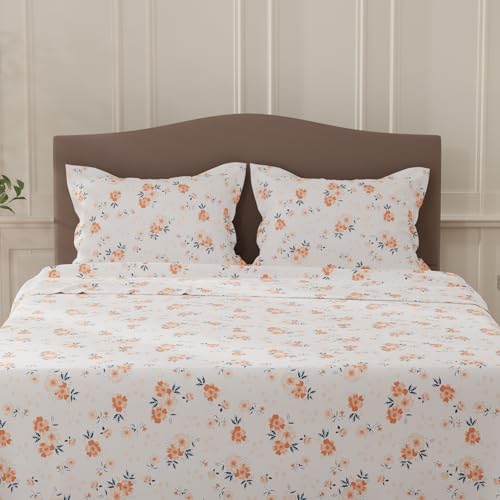 Image of Layers 100% Cotton Bedsheet for Double Size Bed | Lumina Floret Collection | 144 TC Soft & Breathable | Floral Print with 2 Pillow Covers | Wrinkle Free | 3 Piece Bedding Set - White & Orange