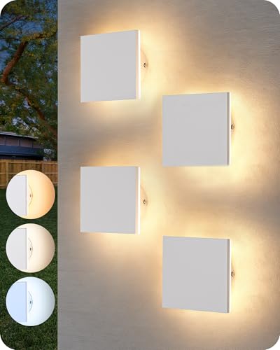 EDISHINE 4 Pack LED Outdoor Wall Light, Small Square Modern White Sconces