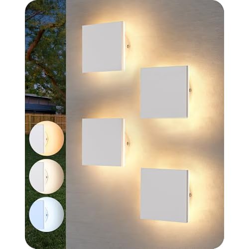 EDISHINE 4 Pack Small LED Outdoor Wall Lights Exterior/Interior, 3000K-5000K Dimmable Wall Sconce, Square Modern Exterior Lighting Fixtures, IP65 Waterproof Aluminum Outside Porch Light, Whi