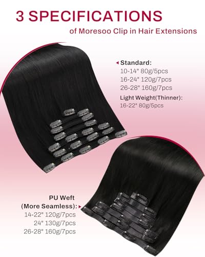 Image of Moresoo Clip in Human Hair Extensions, Natural Black, 16Inch PU Skin Weft | Clip in hair extensions, 16inch 120g 7pcs, suitable for office and daily wear, soft natural enhancement for subtle volume