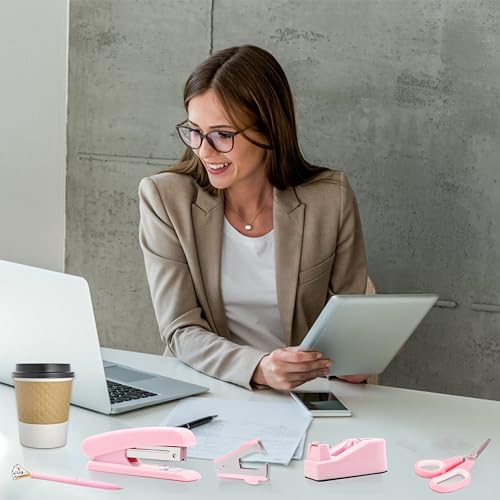 Pink Office Supplies, Pink Desk Accessories, Stapler, Staple Remover, Tape Holder, Pen Holder, Ballpoint Pen, Scissor, Binder Clips, Paper Clips and 1000pcs Staples. - Thumbnail 6