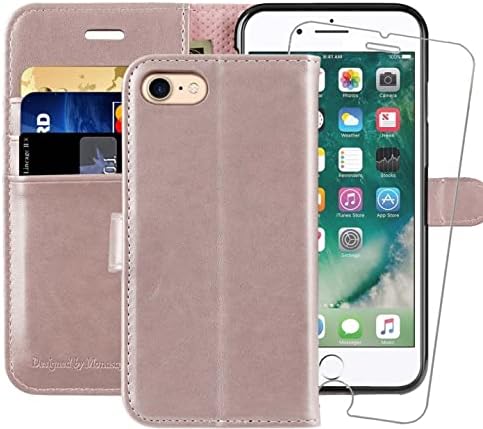 – iPhone SE 2022/2020 5G Case,iPhone 8 Wallet Case, iPhone 7 Case,4.7-inch, [Glass Screen Protector] Flip Folio Leather Cell Phone Cover with Credit Card Holder,Rose Gold