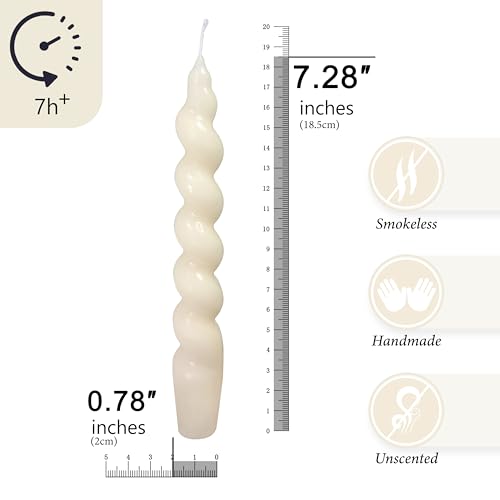 7.5 Inches Spiral Taper Candles Colorful Twisted Candle Dripless Long Candles, Handmade Candlesticks for Wedding Dinner Decor, Set of 4(White)