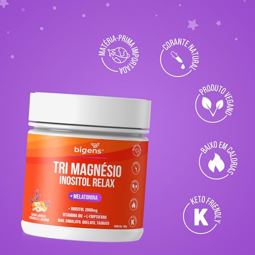 Tri Magnésio (dimalato, quelato, taurato) Inositol Relax, Melatonina, Triptofano, B6, Sabor Laranja