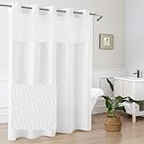 Mrs Awesome No Hook Shower Curtain with Snap-in Liner Less Time On/Off, Embossed Waffle-Look Textured Fabric Shower Curtain for Bathroom Hotel Style, Washable, Soft & Lightweight, 71x74, White