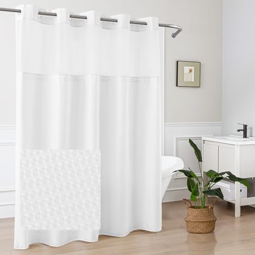 Mrs Awesome No Hook Shower Curtain with Snap-in Liner Less Time On/Off, Embossed Waffle-Look Textured Fabric Shower Curtain for Bathroom Hotel Style, Washable, Soft & Lightweight, 71x74, White