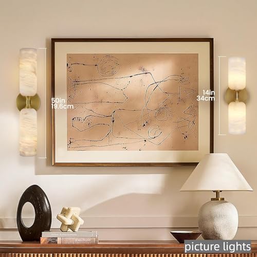Image of 20in Alabaster Wall Sconces Set of Two, Modern Spanish Natural Marble Bathroom Vanity Sconces, Brass Alabaster Sconce Wall Lighting, Gold Wall Light Fixtures Decor for Bedroom Living Room Staircases